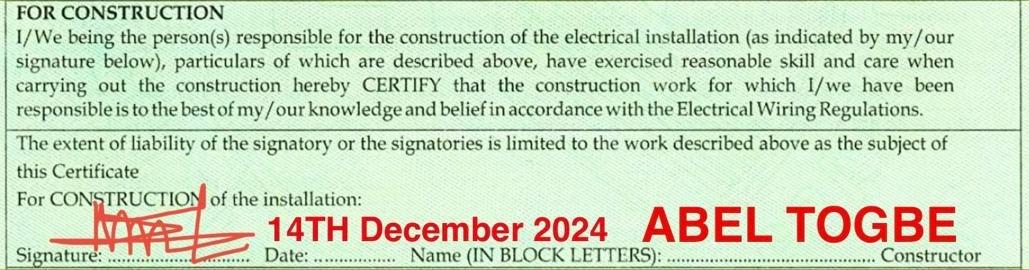 Mega Solution Electrical Engineering Ltd | How to Fill Electrical Wiring Certificate (Form A) in Ghana Electrical installation certificate Form A, Constructor's signature