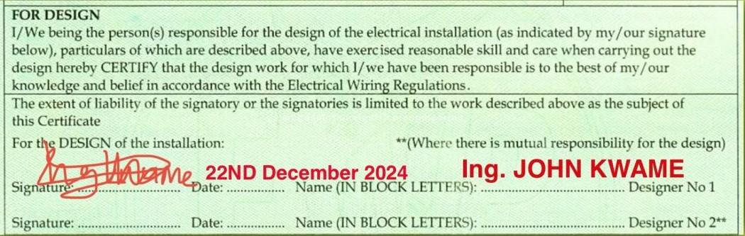 Mega Solution Electrical Engineering Ltd | How to Fill Electrical Wiring Certificate (Form A) in Ghana Electrical installation certificate Form A, Designer signature